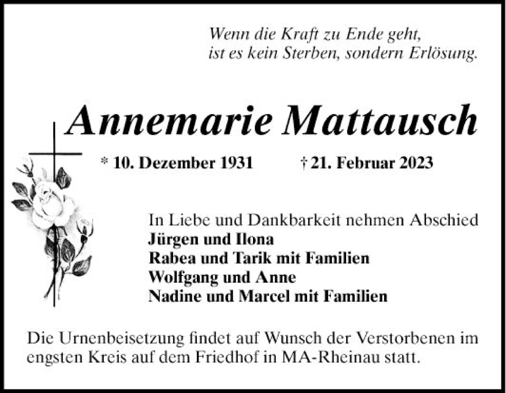  Traueranzeige für Annemarie Mattausch vom 25.02.2023 aus Mannheimer Morgen