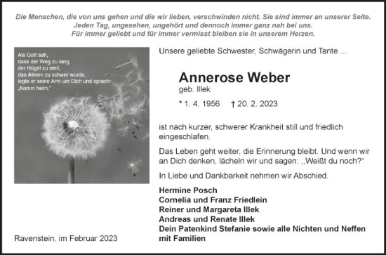 Traueranzeige von Annerose Weber von Fränkische Nachrichten