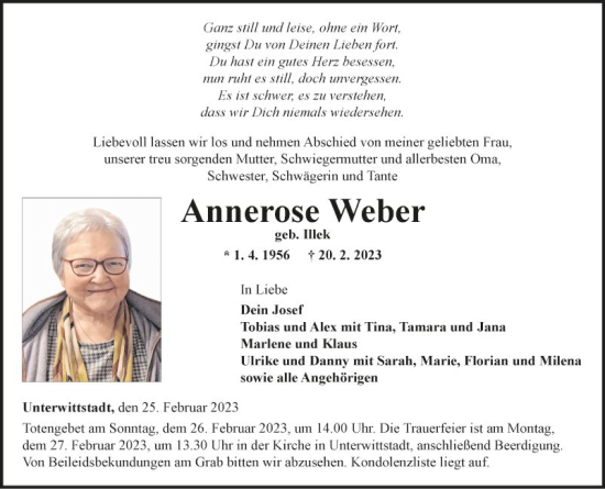 Traueranzeige von Annerose Weber von Fränkische Nachrichten