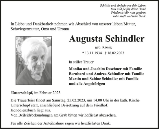 Traueranzeige von Augusta Schindler von Fränkische Nachrichten