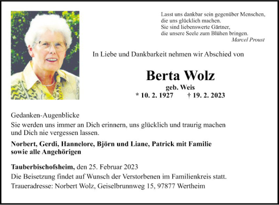 Traueranzeige von Berta Wolz von Fränkische Nachrichten