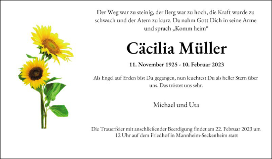 Traueranzeige von Cäcilia Müller von Mannheimer Morgen