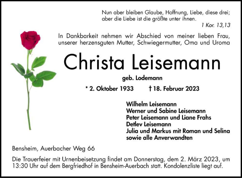  Traueranzeige für Christa Leisemann vom 25.02.2023 aus Bergsträßer Anzeiger