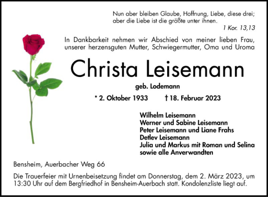 Traueranzeige von Christa Leisemann von Bergsträßer Anzeiger
