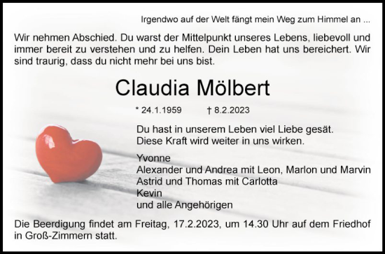 Traueranzeige von Claudia Mölbert von Bergsträßer Anzeiger