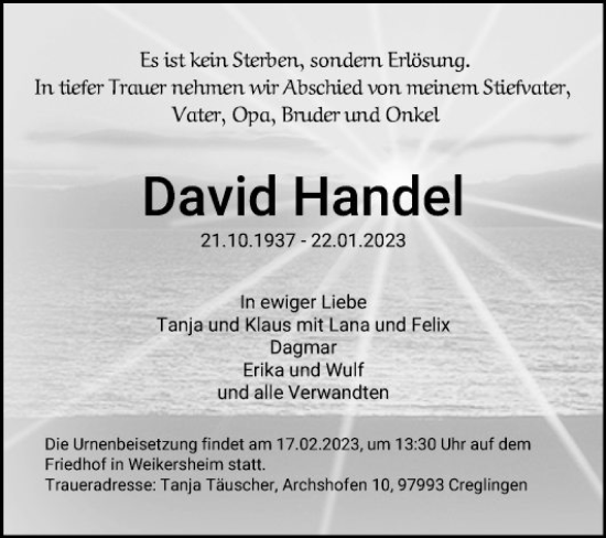 Traueranzeige von David Handel von Fränkische Nachrichten