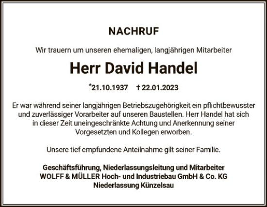 Traueranzeige von David Handel von Fränkische Nachrichten