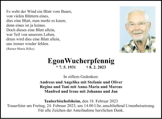 Traueranzeige von Egon Wucherpfennig von Fränkische Nachrichten