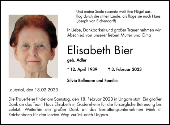 Traueranzeige von Elisabeth Bier von Bergsträßer Anzeiger