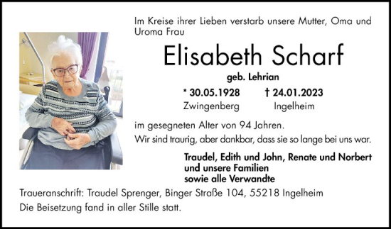 Traueranzeige von Elisabeth Scharf von Bergsträßer Anzeiger