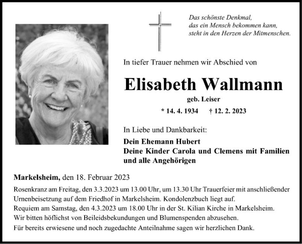  Traueranzeige für Elisabeth Wallmann vom 18.02.2023 aus Fränkische Nachrichten