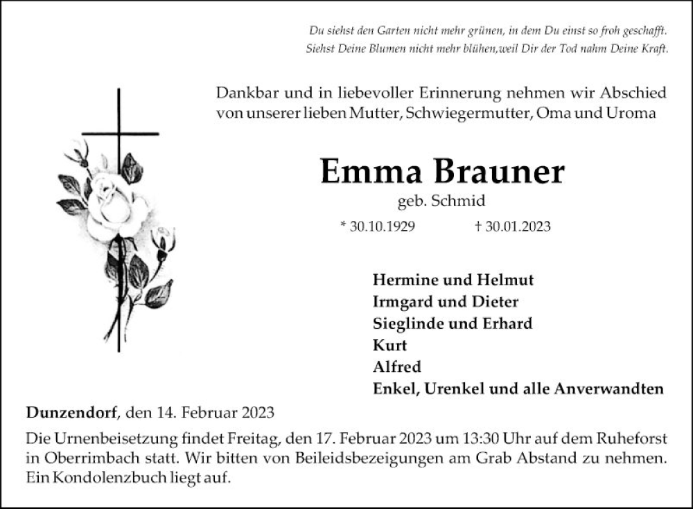  Traueranzeige für Emma Brauner vom 14.02.2023 aus Fränkische Nachrichten