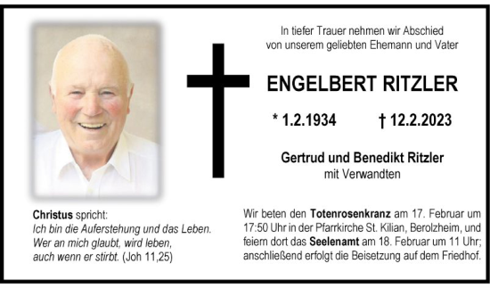 Traueranzeige von Engelbert Ritzler von Fränkische Nachrichten