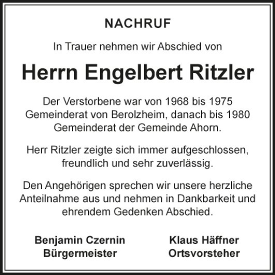 Traueranzeige von Engelbert Ritzler von Fränkische Nachrichten
