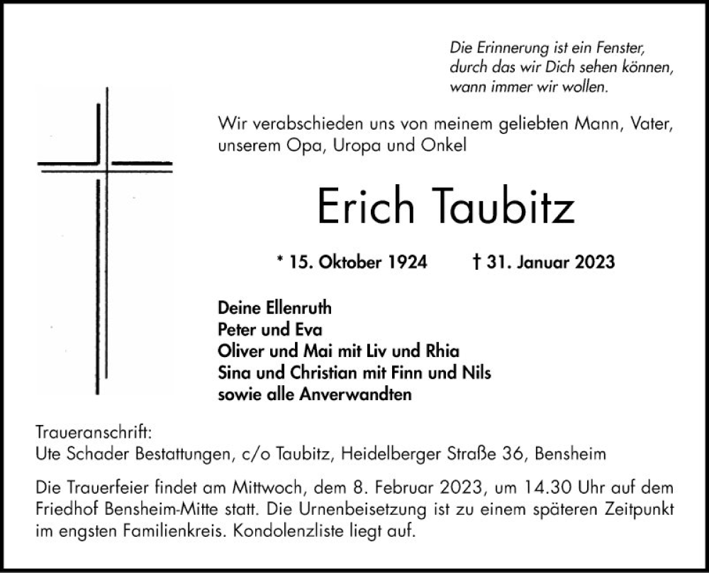  Traueranzeige für Erich Taubitz vom 04.02.2023 aus Bergsträßer Anzeiger