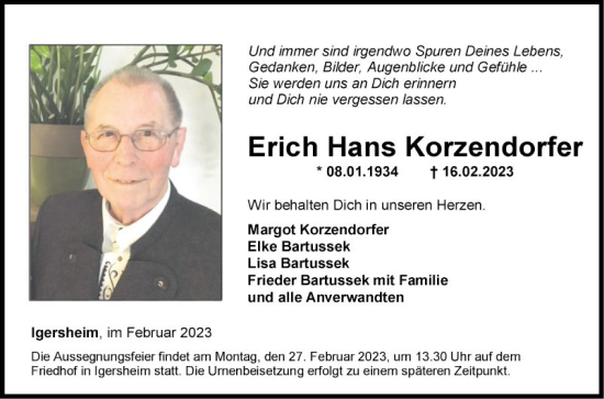 Traueranzeige von Erich Hans Korzendorfer von Fränkische Nachrichten