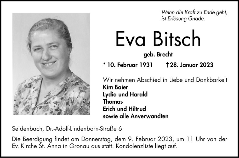  Traueranzeige für Eva Bitsch vom 04.02.2023 aus Bergsträßer Anzeiger