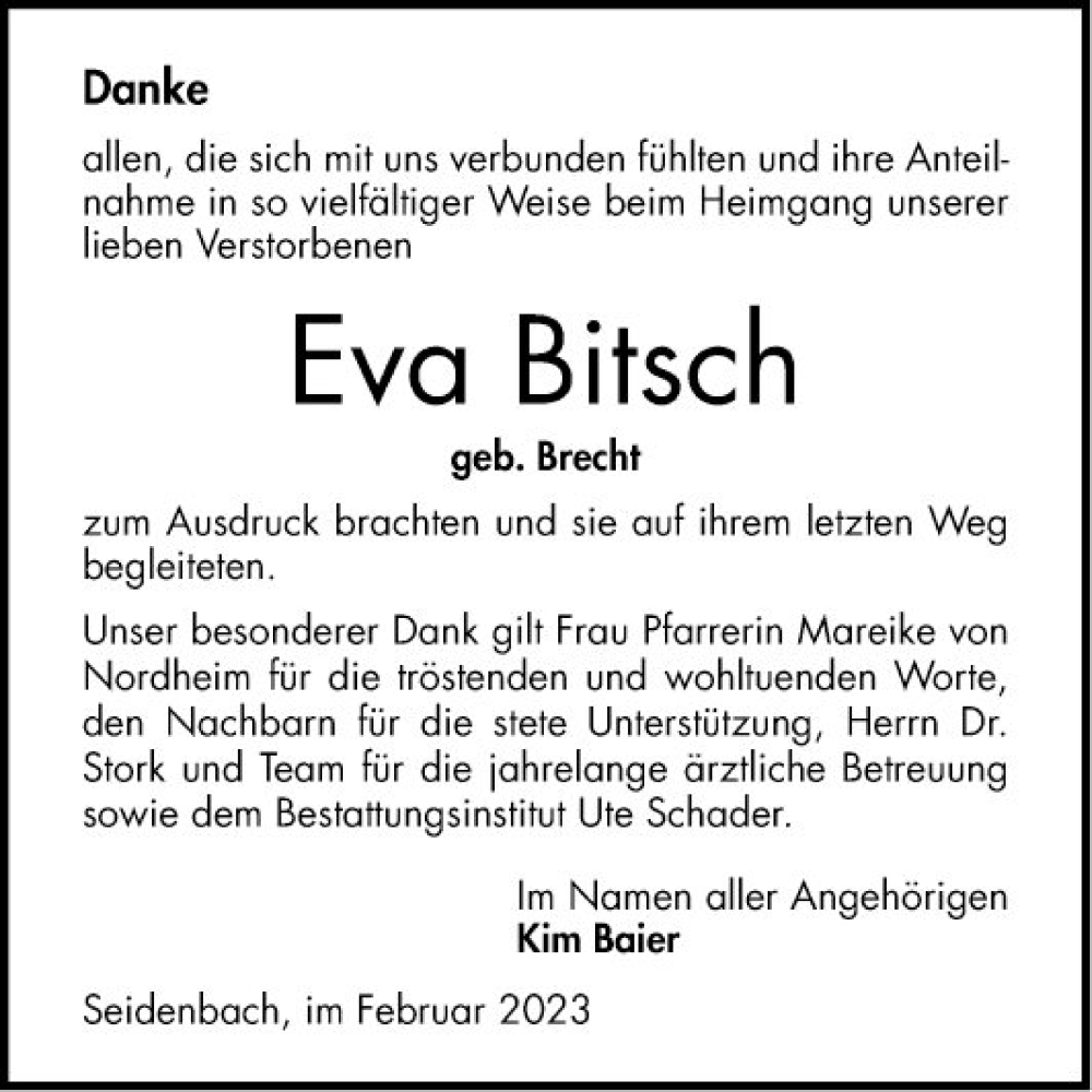  Traueranzeige für Eva Bitsch vom 25.02.2023 aus Bergsträßer Anzeiger