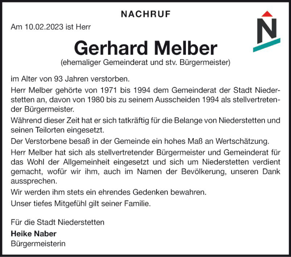  Traueranzeige für Gerhard Melber vom 15.02.2023 aus Fränkische Nachrichten