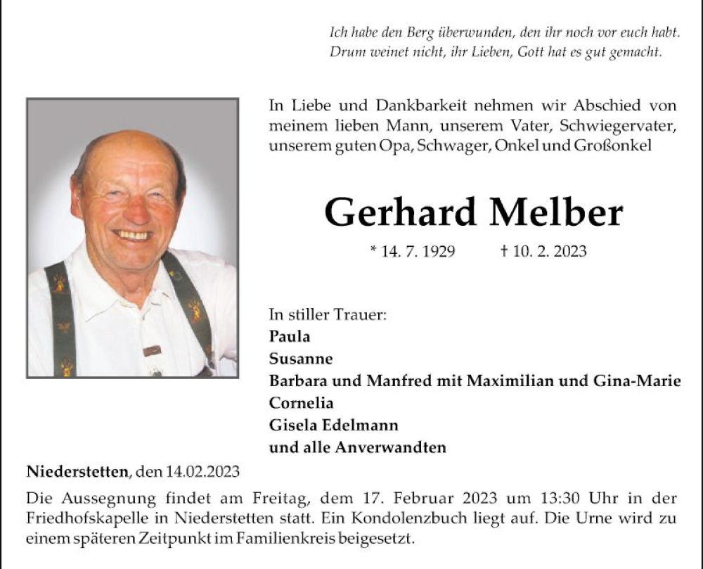  Traueranzeige für Gerhard Melber vom 14.02.2023 aus Fränkische Nachrichten
