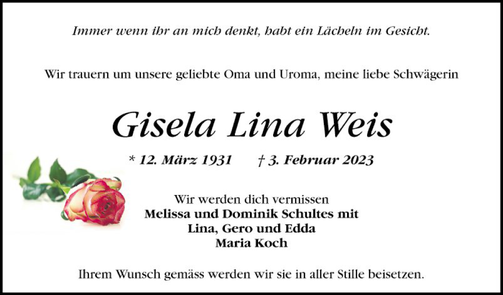  Traueranzeige für Gisela Lina Weis vom 04.02.2023 aus Mannheimer Morgen