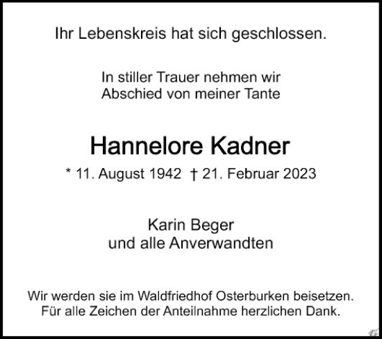 Traueranzeige von Hannelore Kadner von Fränkische Nachrichten