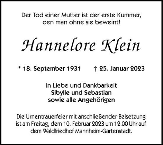 Traueranzeige von Hannelore Klein von Mannheimer Morgen