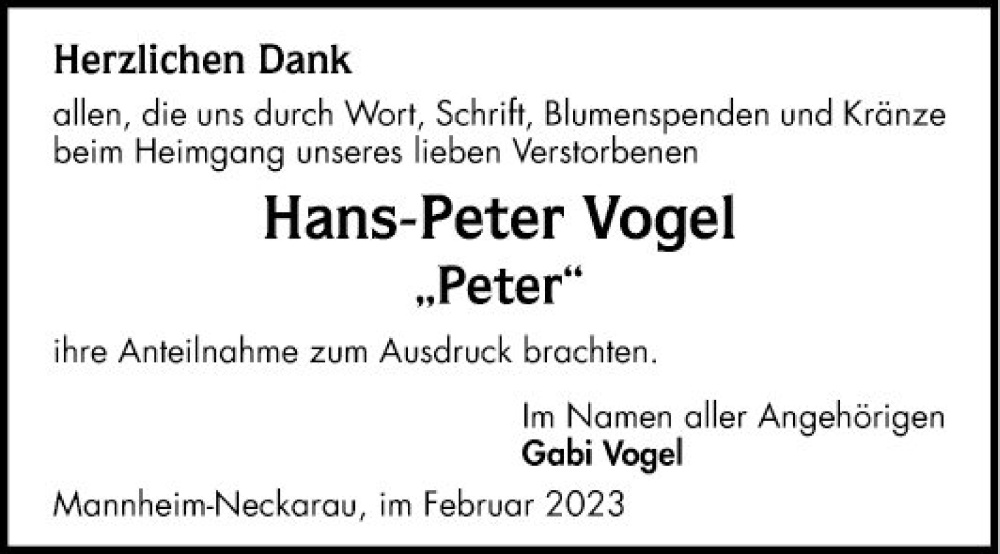  Traueranzeige für Hans-Peter Vogel vom 04.02.2023 aus Mannheimer Morgen