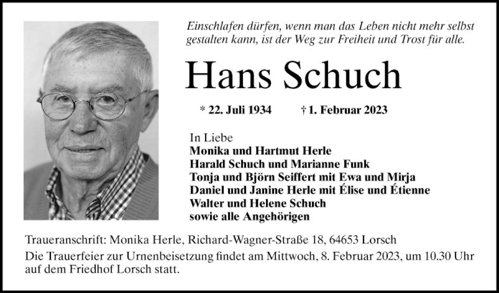  Traueranzeige für Hans Schuch vom 04.02.2023 aus Bergsträßer Anzeiger