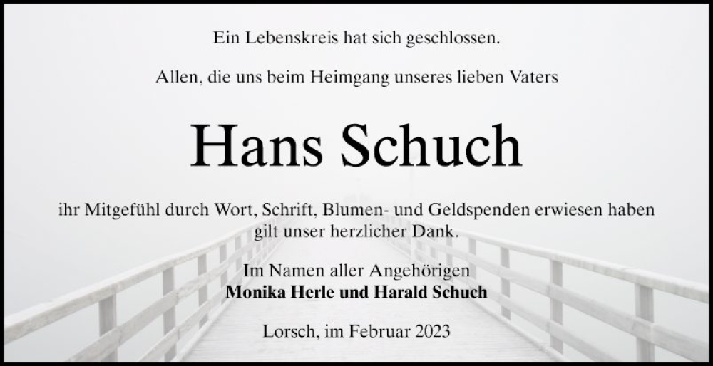  Traueranzeige für Hans Schuch vom 25.02.2023 aus Bergsträßer Anzeiger