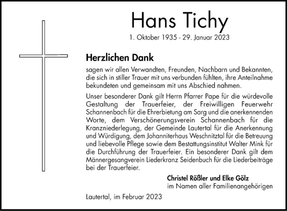  Traueranzeige für Hans Tichy vom 18.02.2023 aus Bergsträßer Anzeiger