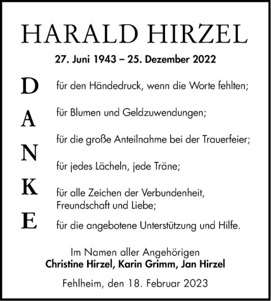  Traueranzeige für Harald Hirzel vom 18.02.2023 aus Bergsträßer Anzeiger