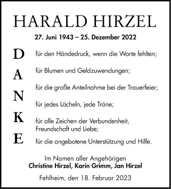 Traueranzeige von Harald Hirzel von Bergsträßer Anzeiger