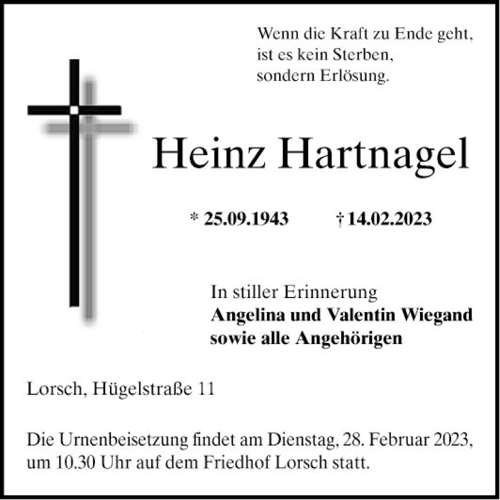  Traueranzeige für Heinz Hartnagel vom 25.02.2023 aus Bergsträßer Anzeiger