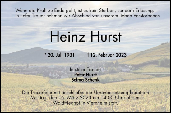 Traueranzeige von Heinz Hurst von Mannheimer Morgen
