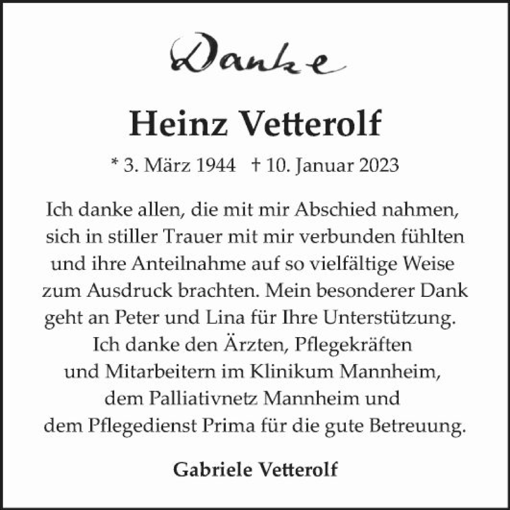  Traueranzeige für Heinz Vetterolf vom 11.02.2023 aus Mannheimer Morgen