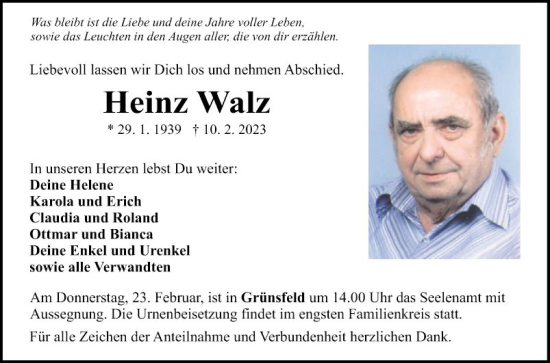 Traueranzeige von Heinz Walz von Fränkische Nachrichten