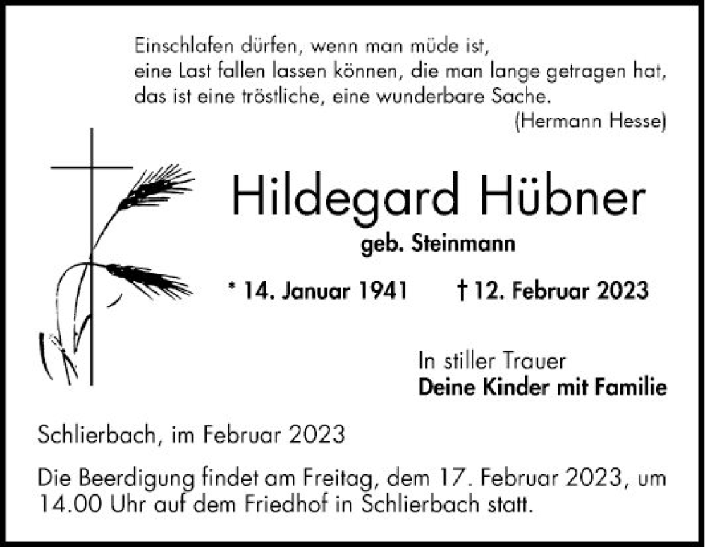  Traueranzeige für Hildegard Hübner vom 14.02.2023 aus Bergsträßer Anzeiger