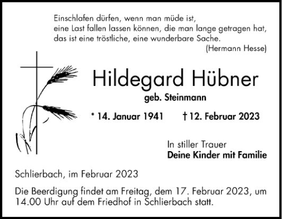 Traueranzeige von Hildegard Hübner von Bergsträßer Anzeiger