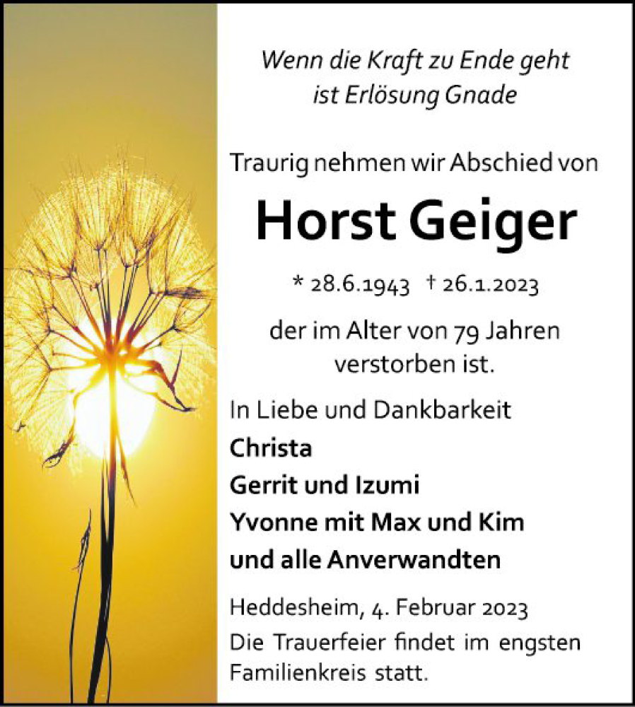 Traueranzeige für Horst Geiger vom 04.02.2023 aus Mannheimer Morgen