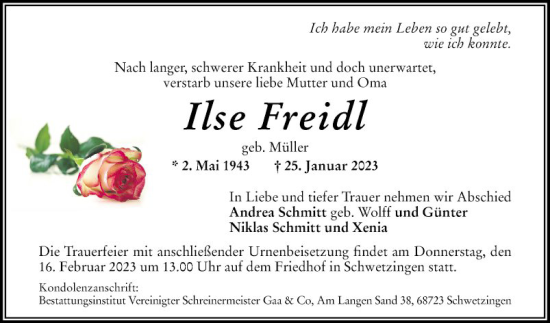 Traueranzeige von Ilse Freidl von Schwetzinger Zeitung