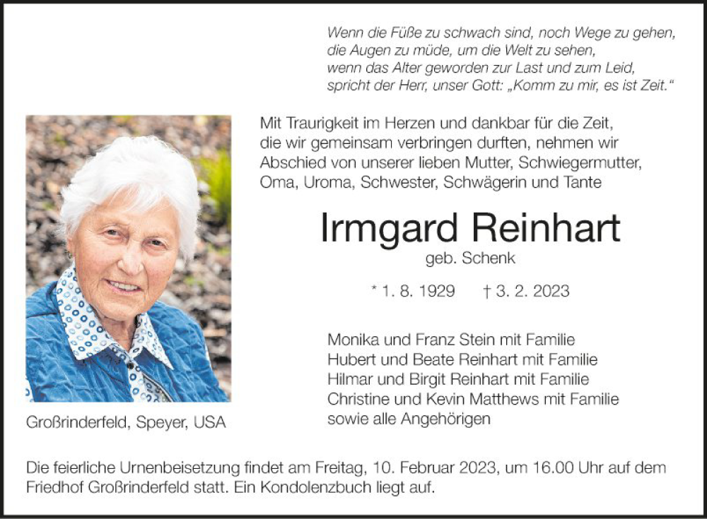  Traueranzeige für Irmgard Reinhart vom 08.02.2023 aus Fränkische Nachrichten