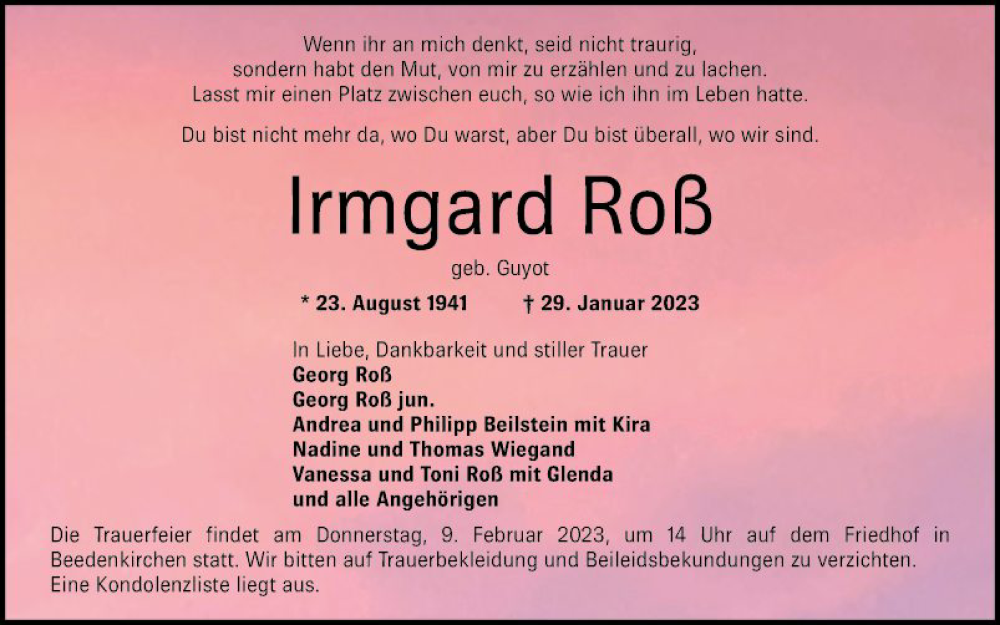  Traueranzeige für Irmgard Roß vom 04.02.2023 aus Bergsträßer Anzeiger