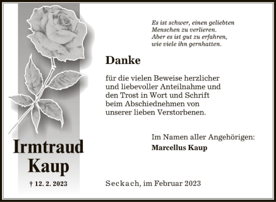 Traueranzeige von Irmtraud Kaup von Fränkische Nachrichten