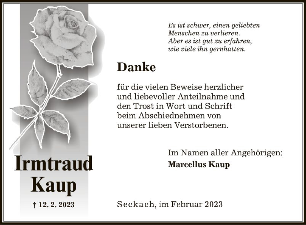  Traueranzeige für Irmtraud Kaup vom 25.02.2023 aus Fränkische Nachrichten
