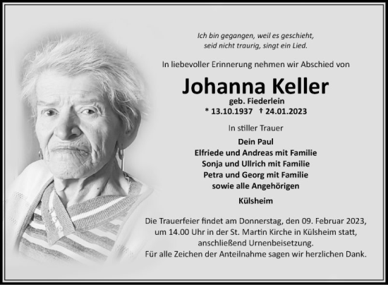 Traueranzeige von Johanna Keller von Fränkische Nachrichten