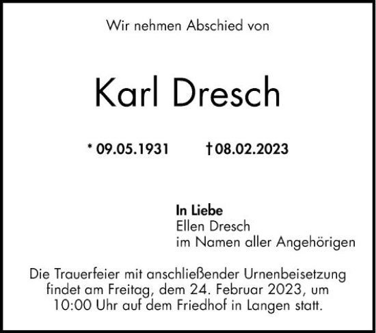 Traueranzeige von Karl Dresch von Mannheimer Morgen