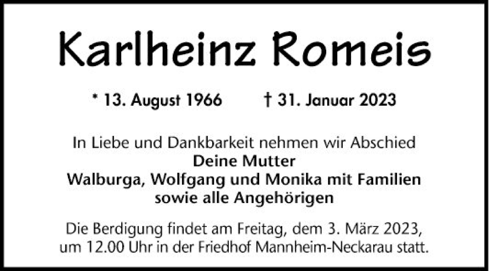  Traueranzeige für Karlheinz Romeis vom 18.02.2023 aus Mannheimer Morgen