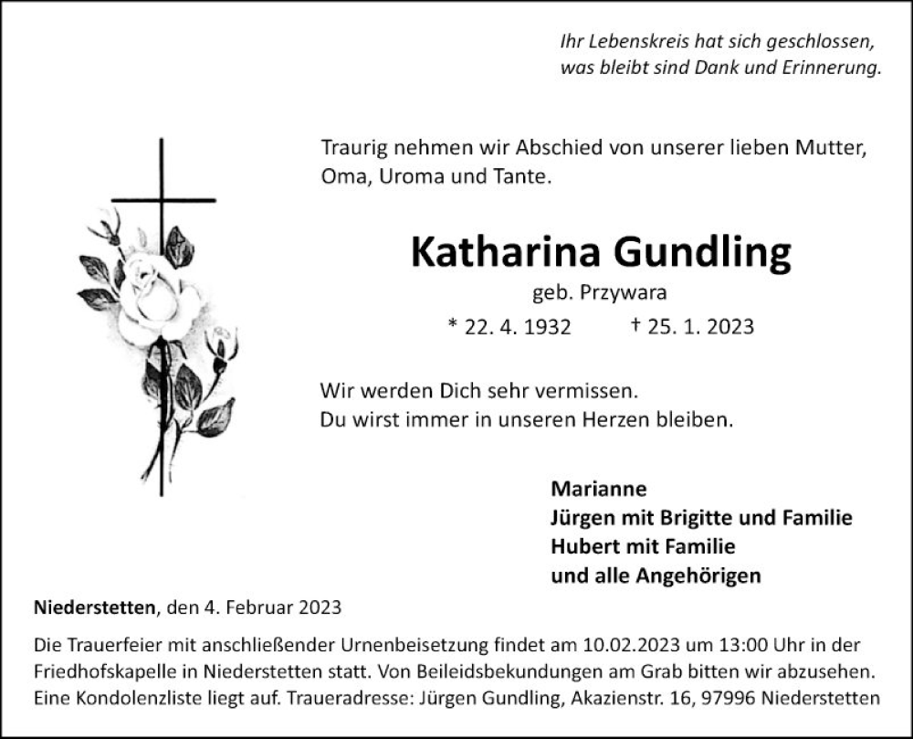  Traueranzeige für Katharina Gundling vom 04.02.2023 aus Fränkische Nachrichten