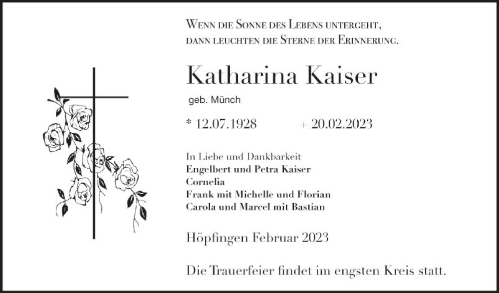  Traueranzeige für Katharina Kaiser vom 25.02.2023 aus Fränkische Nachrichten